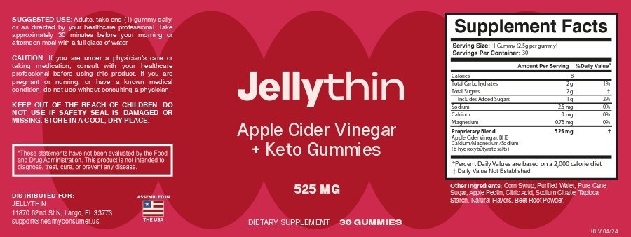 JellyThin supplement facts label with Apple Cider Vinegar and BHB ingredients